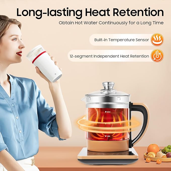 Electric Glass Kettle with 18 Smart Menus & Tea Infuser - 1.8L BPA-Free, Boil-Dry Protection & Egg Steamer for Coffee, Tea, Soup