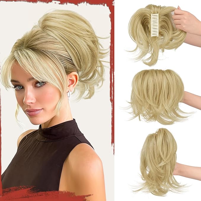 SOFEIYAN Claw Clip Short Ponytail Extension DIY Bendable Wires Hair Bun Fluffy Fake Hair Piece Straight Synthetic Hair Ponytail Extensions for Wonen - Ash Blonde & Golden Highlights