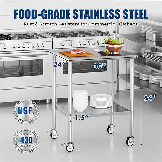 Stainless Steel Work Table with Wheels, 24x30 Inch NSF Kitchen Prep Table with Adjustable Undershelf for Commercial Restaurant, Garage, Outdoor BBQ