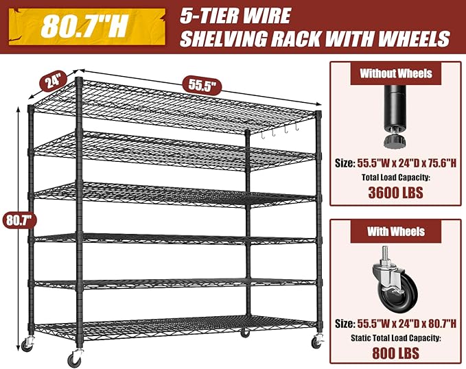 PrimeZone 6 Tier 80.7" H x 55.5" W x 24" D Wire Shelving with Wheels 3600lbs NSF Certified Storage Shelves Heavy Duty Metal Shelf Adjustable Rolling Rack Commercial Garage Restaurant Warehouse 4pcs