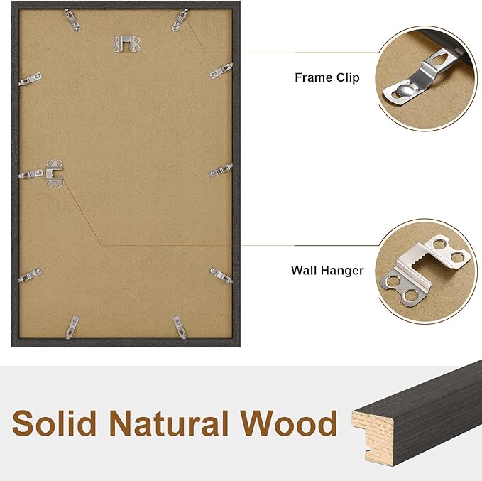 Vittanly 11x17 Picture Frame Set of 2, Solid Wood Frame for Wall Art Photo and Prints, Display Photo 8x12 with Mat or 11x17 without Mat, Black