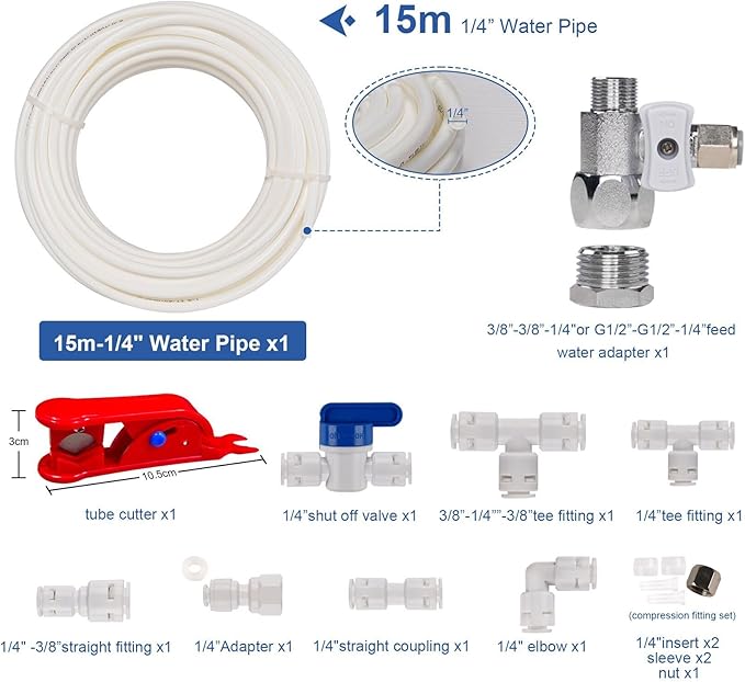49.2Ft Refrigerator Water Line Kit for 1/4" OD Water Supply Pipe Tube, Ice Maker Fridge Installation Kit with T-piece 3/8x3/8x1/4" Connection Kit for Fridge Ice Maker RO Systems Water Filter Faucet