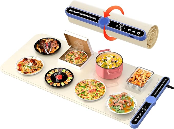 Warming Mat for Food Large Silicone Food Warmers for Parties Buffet L:32''X15'' 450W Max 248°F Portable Rolled-up Even Heating in 8S 9-Level Temp Auto Power Off Child Lock-Beige
