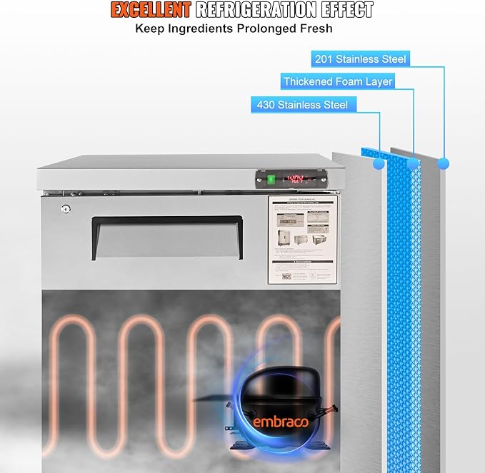 VEVOR 28" W Commercial Refrigerator, Undercounter Worktop Refrigerator, 7.4 Cu. Ft Thick Stainless Steel Refrigerated Food Prep Station Fan Cooling Single Door Worktop Fridge with lock for Bar