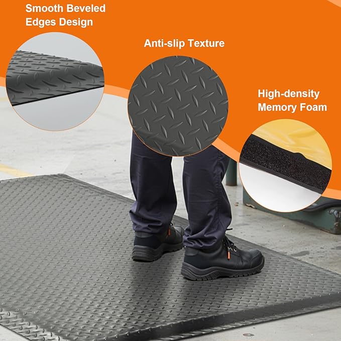 Nisorpa Anti Fatigue Mats Industrial 2' x 5' Ergonomic Standing Mat 15/16" Extra Thick Cushioned Shop Floor Mats Heavy Duty Commercial Diamond Plate - Safety Support for Leg & Back Pain, Grey