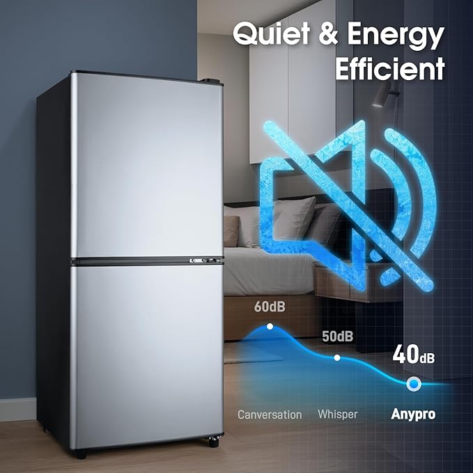 4.0 Cu.Ft Fridge with Bottom Freezer, Double Door Refrigerator with Drawer, 7 Level Temperatures, Adjustable Shelves for Bedroom, Dorm, Office, Apartment, Silver
