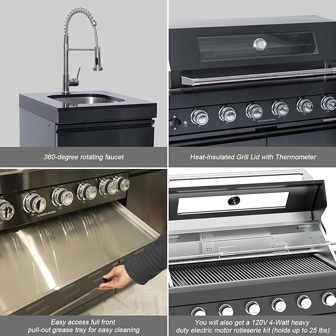 Outdoor Kitchen Island, 82 Inch 85000 BTU Gas Grill Combination With Refrigerator and Sink, Outdoor Stainless Steel Barbecue Bar, Natural Gas Barbecue Grill for Patios, Gardens, Parties