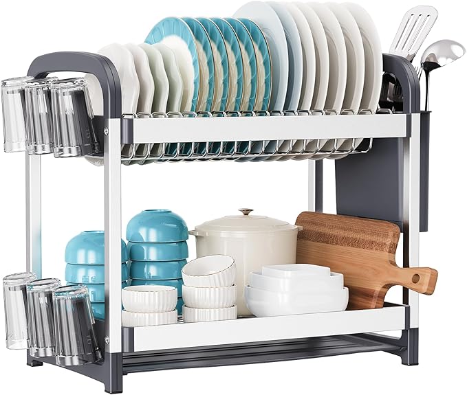 Nieifi 2-Tier Dish Drying Rack, Large Stainless Steel and Aluminum Kitchen Organizer