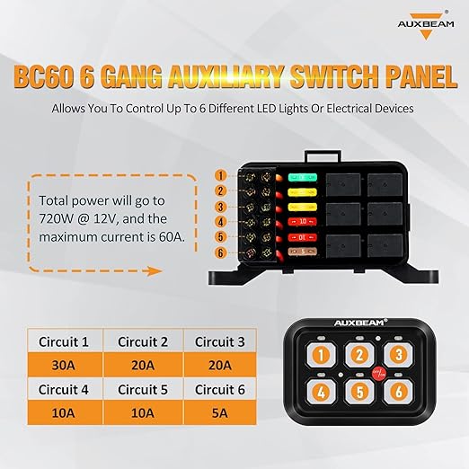 Auxbeam 6 Gang Switch Panel BC60, Universal Circuit Control Relay System Box with Automatic Dimmable On-Off LED Switch Pod Touch Switch Box for Car Pickup Truck UTV ATV Boat, 3 Years Warranty, Blue