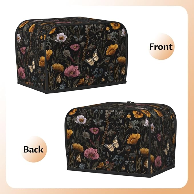 2 Slice Toaster Cover for Kitchen Flower Vintage Butterfly Botanical Waterproof Dustproof Toaster Dust Cover with Side Pockets Decorative Universal Cover for Wide Slot Toasters Small Appliances
