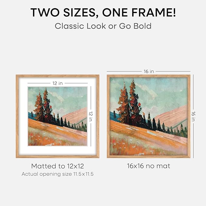 Homeforia 16x16 Picture Wood Frame, High End Natural Oak 16 x 16 Square Light Wooden Frames with Mat 12 by 12 inch Photo, 16by16 Poster Frames Matted to 12x12 Print, Tempered Glass, Wall Kit, Set of 2
