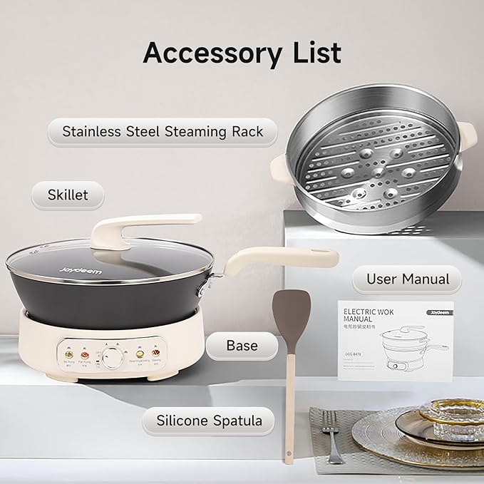Joydeem 5Qt Electric Skillet, Pure Iron Nonstick Frying Pan with Glass Lid & Steamer Rack, 1600W 3-Level Heat Control, Removable Pot, Family-Sized Cooker for Boil Steam Sauté, 11.81inch