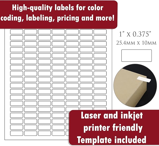 Small Sticky Labels White Rectangular Labels 1" x 0.375 + Bonus Color Labels - White Coding Labels for Printer Produce Excellent Results with Laser Printer-Template Included! 1660 Pack