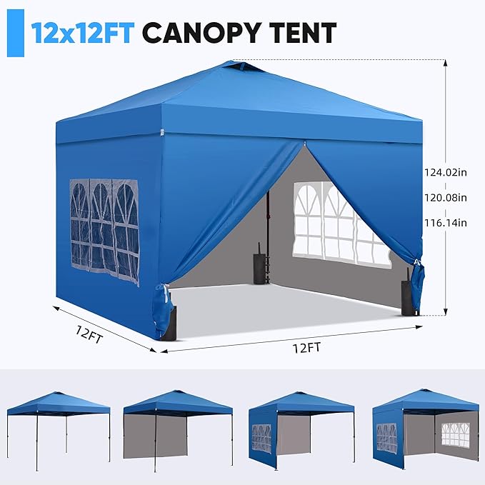 Saemoza 12x12 Pop Up Canopy Tent with One Push Setup, Portable Sun Shade Tent, Instant Easy Up Canopy with 4-Sidewalls & Wheeled Bag, Outdoor Fldable Gazebo with Vent Top, Blue.