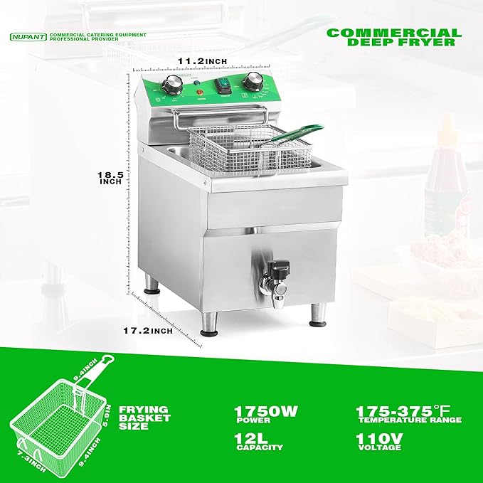 12.7 QT Commercial Fryer Electric Deep Fryer with Basket and Lid,Commercial Deep Fryer with Oil Filtration and Timer, Stainless Steel DEEP FRYER Countertop Fryer for Home Restaurant 110V/1750W