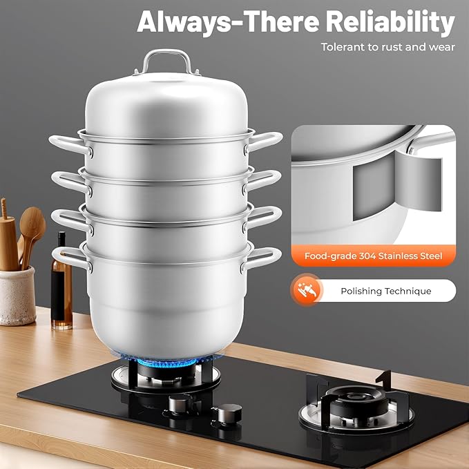 5-Tier Steamer Pot for Cooking, D12.8in Stainless Steel Steamer Cookware with Handles Glass Lid & Strainer Baskets for Food Dumpling Fish Vegetable Seafood