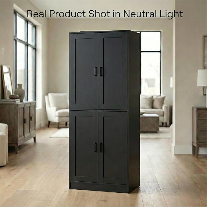 71" Tall Kitchen Pantry Cabinet, Freestanding Food Storage Organizer with Doors & Adjustable Shelves, Large Utility Hutch Cupboard for Dining Room, Living Room, Bathroom & Home Offic, Black