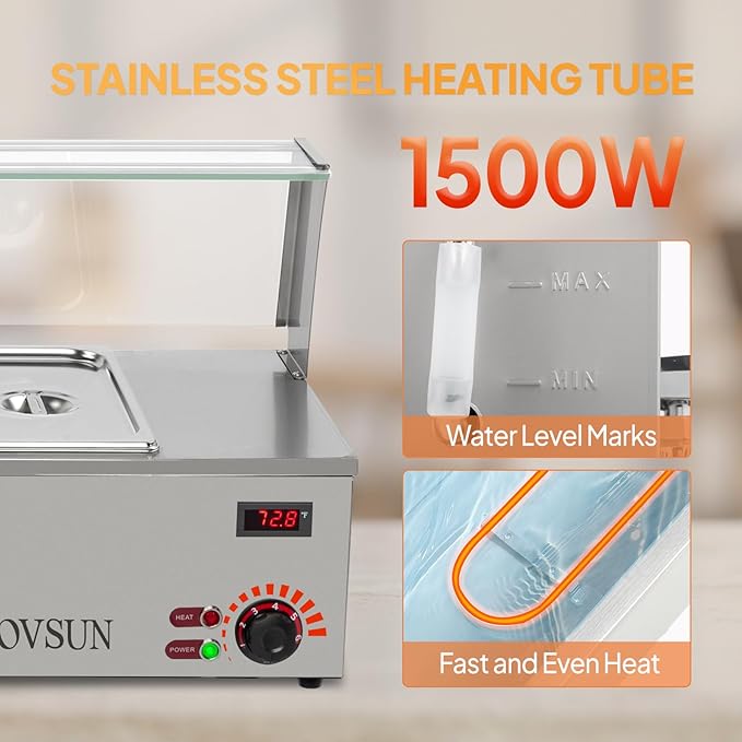 ROVSUN 48QT 1500W Electric Commercial Food Warmer, 6-Pan Steam Table 8QT/Pan Stainless Steel Bain Marie Countertop w/Acrylic Shield Temperature Control & Lid for Buffet Restaurant 110V
