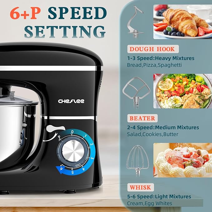 CHeflee Stand Mixer,660W 6+P With 6.5QT Stainless Steel Bowl,Dough Hook, Wire Whip & Beater,for Most Home Cooks (Black)