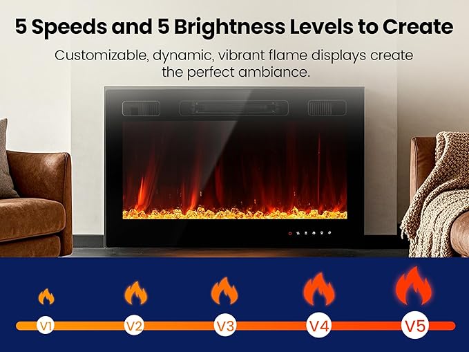 Electric Fireplace Insert 30" Realsmart 1500W Wall Mounted Fireplaces Recessed Heaters,Fit for 2 X 6 stub, Remote Control Slim Black Fireplace Touch Screen Timer 12 Flame Colors LED Decor Low Noise