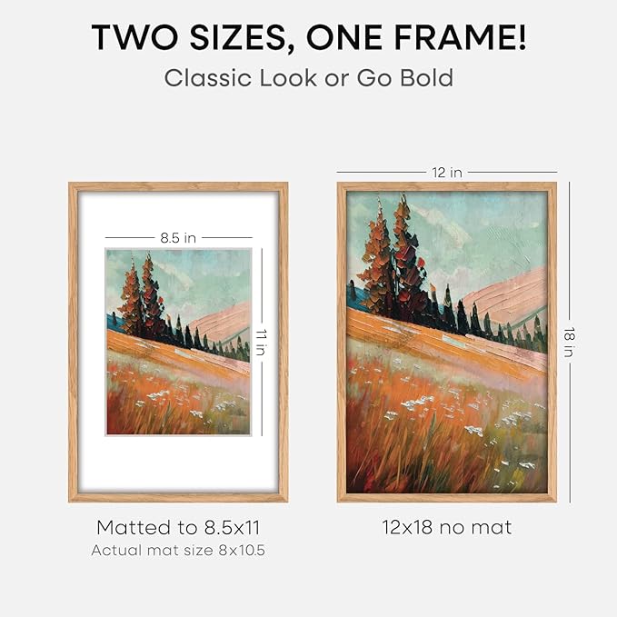 Homeforia 12x18 Picture Frame Wood, High End Natural Oak 12x18 Light Wooden Poster Frame with Mat 8.5x11, 12 x 18 Frames Matted to 8.5 by 11 Photo, 18x12 Thin Frame, Tempered Glass, Wall Kit, Set of 3