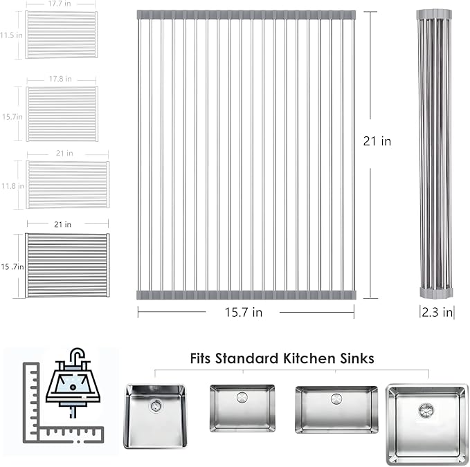 Tomorotec Roll Up Dish Drying Rack Over The Sink Grey Large Dish Drying Rack Rolling Foldable Collapsible SUS304 Stainless Steel Multipurpose Dish Drainer for Kitchen Counter (21”x15.7”)