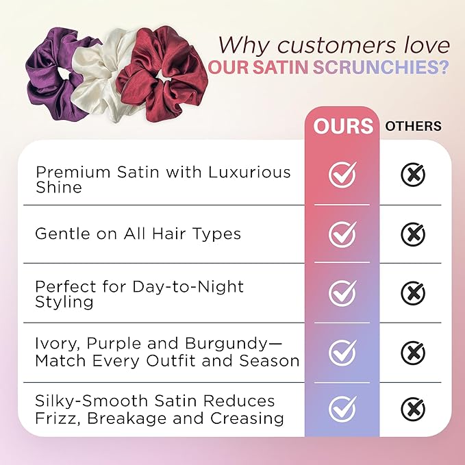 3-Pack Oversized Pearlized Satin Scrunchies for Women - Shimmer Large Scrunchies, Ivory, Purple, Burgundy