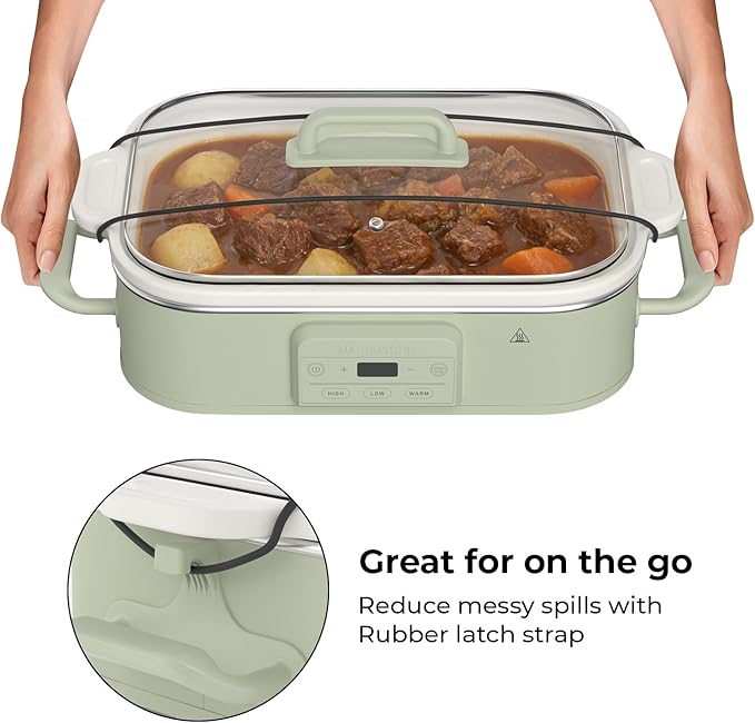 4 Quart Casserole Programmable Slow Cooker with Ceramic Baking Dish - Perfect Kitchen Small Appliance for Family Dinners, Oven Safe and Durable Bakeware for Lasagna, Roasts (Sage)