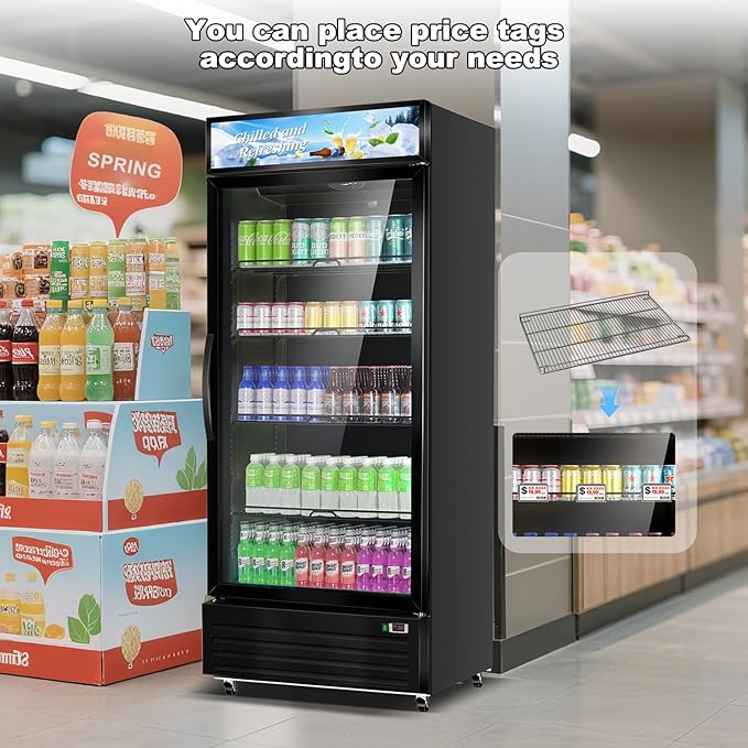 Tylza Commercial Refrigerator with Glass Door Display Beverage Fridge, 21.2 Cu Ft Upright Beverage Cooler Merchandiser with Rebound Door, Fast Cooling, Low Noise, Black