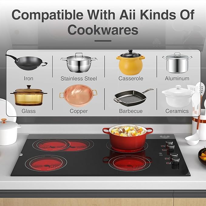 4 Burner Electric Cooktop,7200W Built-in & Countertop 30 inch stove top with 9 Power Levels, Child Safety Lock & 99 mins Timer, 30 inch Electric Cooktop 220-240V (No Plug)