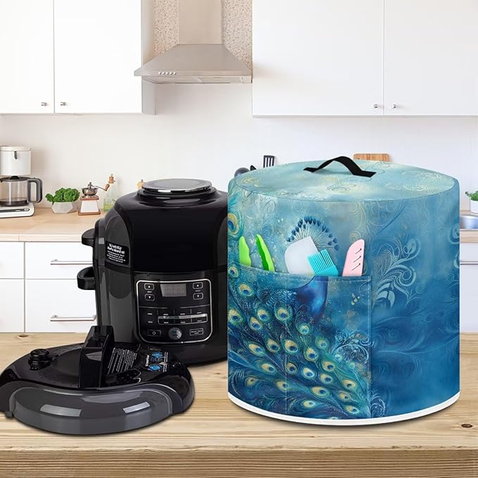 Xoenoiee Peacock Pattern Kitchen Appliance Dust Covers with Pockets, Electric Pressure Cooker Cover for 6qt Compatible with Crock Pot, Rice Cooker Cover, Medium