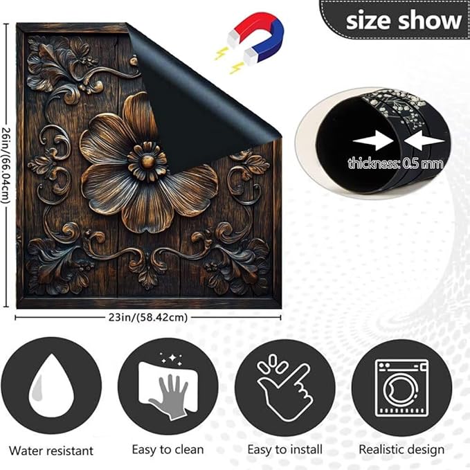 Vintage Wooden Floral Dishwasher Magnet Cover,Flower Carved Wood Magnetic Dishwasher Cover Vinyl Sticker,Rustic Wood Fridge Door Cover Magnets Art Skin Panel Decal,Home Decor Decal,23"X26"
