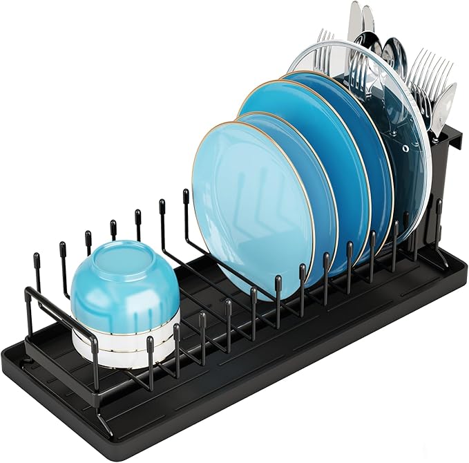 ANTOPY Small Dish Drying Rack - Compact Dish Rack for Kitchen Counter with Silicone Dish Drying Mat, Stainless Steel Dish Drainer for Kitchen Sink Cabinet, Space Saving Plate Rack Cutlery Holder