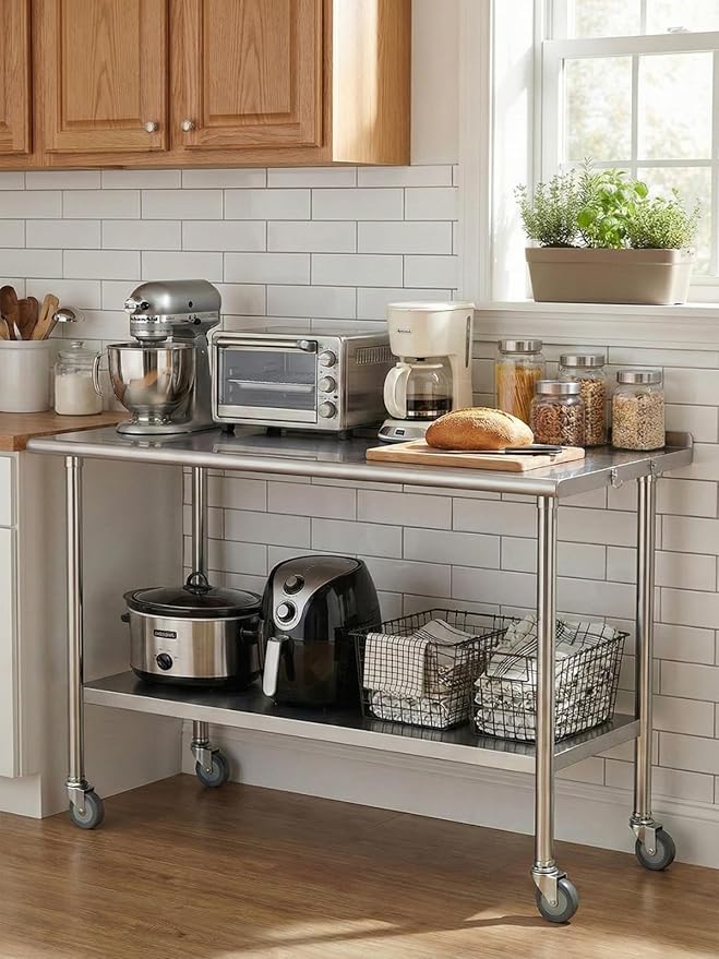 All-Stainless Steel Prep Table, 24 X 48 Inches, with Rounded-Corner Backsplash, Wheels and Adjustable Undershelf, Heavy-Duty for BBQ,Restaurants,Hotels,Workshops,Kitchens