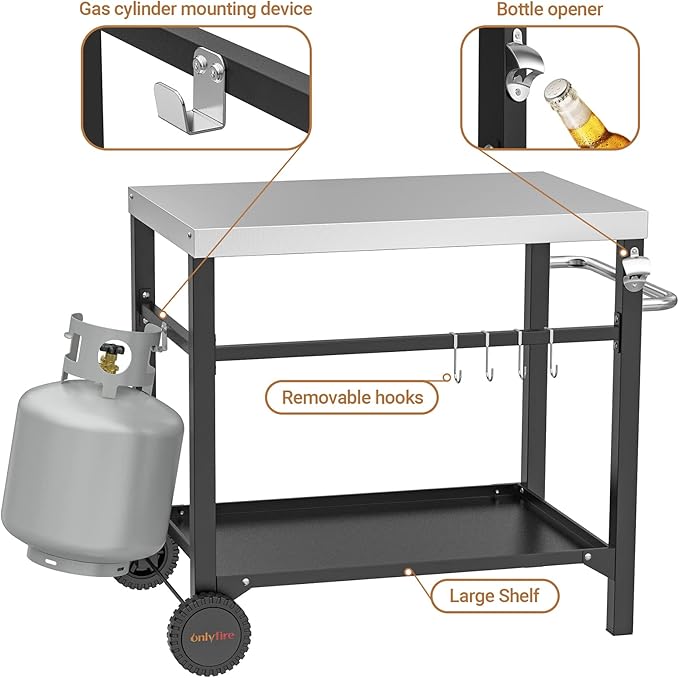 onlyfire Stainless Steel Movable Dining Cart Table, Pizza Oven Table, Multifunctional Utility Cart with Wheels for Outdoors, Kitchen or Backyard Patio