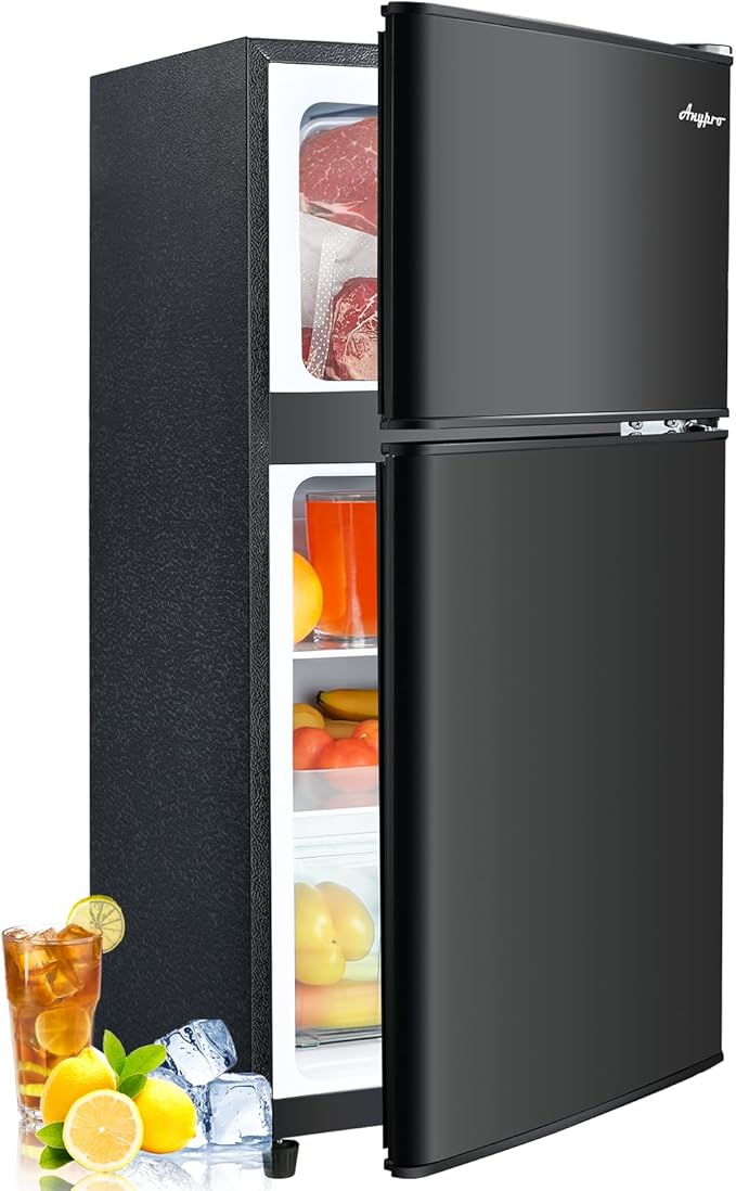 3.2 Cu.Ft Fridge with Freezer with 2 Doors, Refrigerator with 7 Level Temperatures, LED Light, Adjustable Shelves, Food Storage Cooling Drink for Bedroom, Office, Dorm, Apartment, Black