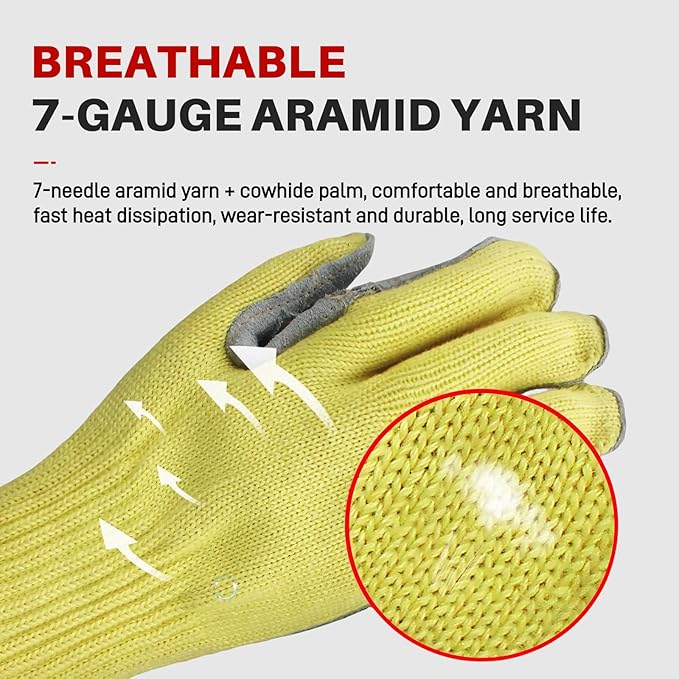 Heat Cut Resistant Gloves,Aramid leather Oven Gloves with Fingers,Heat Resistant Up to 550°F, Thick Knit Design- Grill Mitts for Men & Women(Aramid leather, Large)