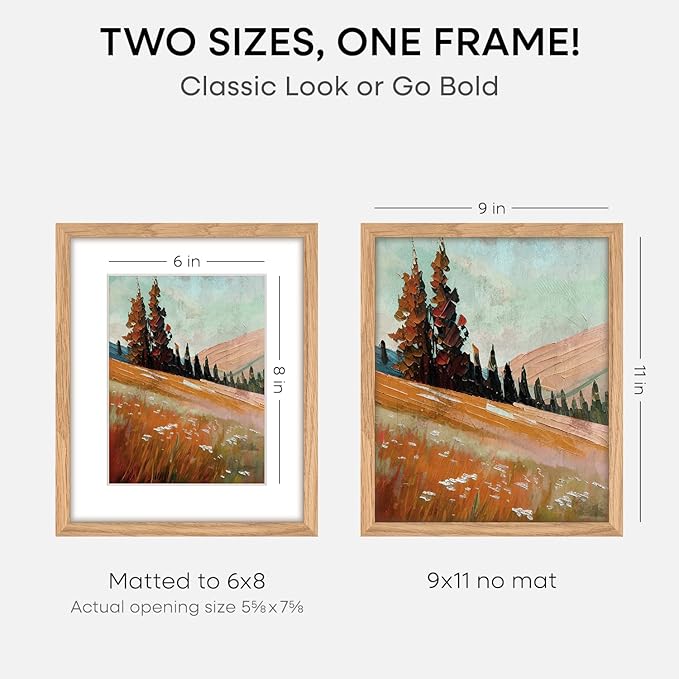 Homeforia 9x11 Picture Frame Wood, High End Natural Oak 9 x 11 Light Wooden Frames with Mat 6 by 8 in Photo, 9by11 Frame Matted to 6x8 Print, Wall or Tabletop Frame, Tempered Glass, Wall Kit, Set of 3