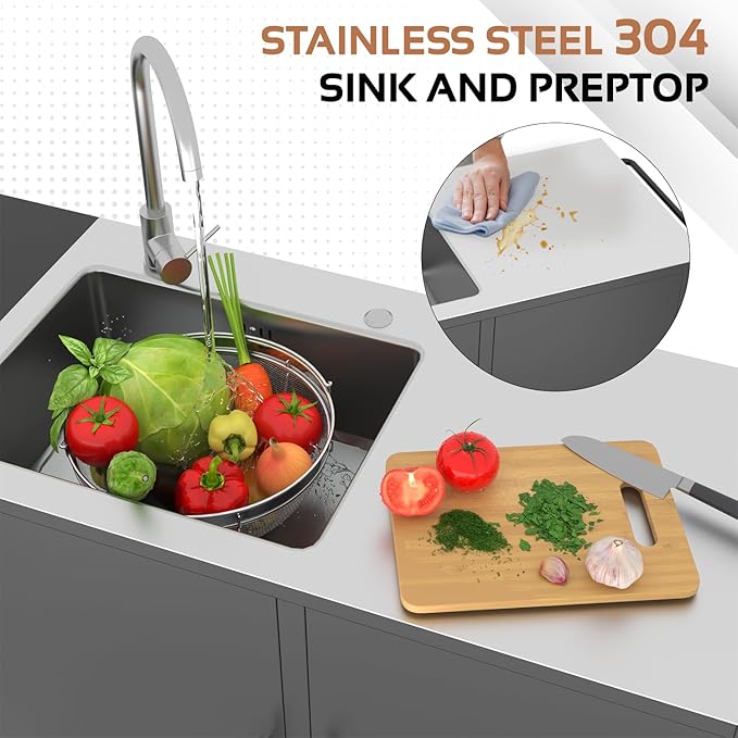 Grill Table with Sink, Outdoor Stainless Steel Kitchen Island Cabinets Sink Station with Hose Hook up & Lockable Casters, Rolling BBQ Table for Backyard