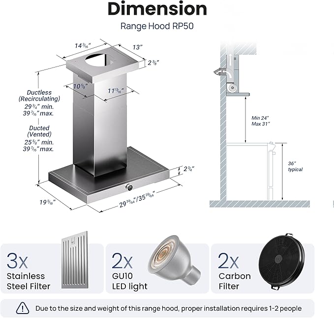 36 Inch Wall Mount Range Hood 1200CFM, Stainless Steel Convertible Ductless/Ducted Stove Vent Hood, Low Noise Kitchen Vent Hoods with Duct Cover, 2 Lights 3 Baffle Filters, Touch & Knob Control