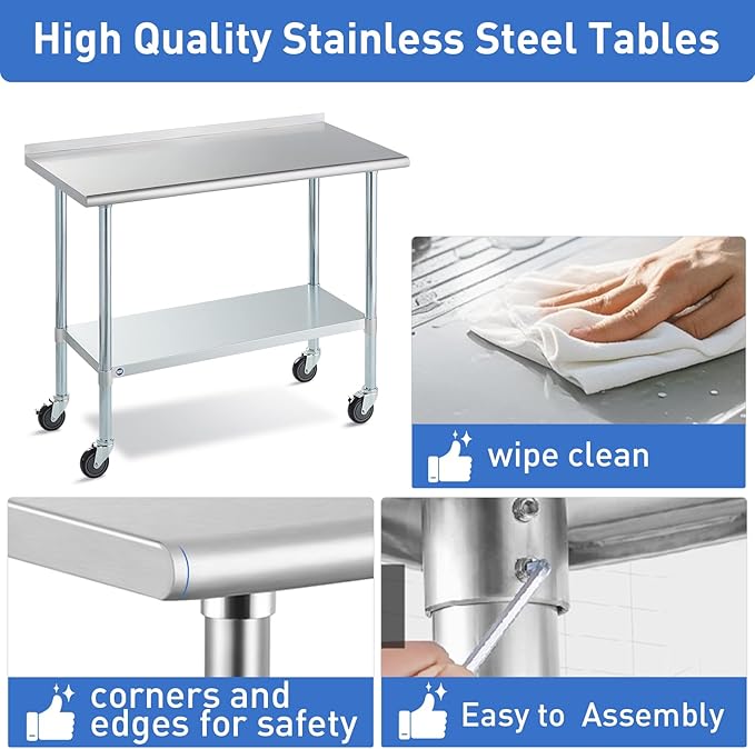 ROCKPOINT Stainless Steel Table for Prep & Work with Backsplash and Caster 30x48 Inches, NSF Metal Commercial Kitchen Table with Adjustable Under Shelf and Table Foot for Restaurant, Home and Hotel