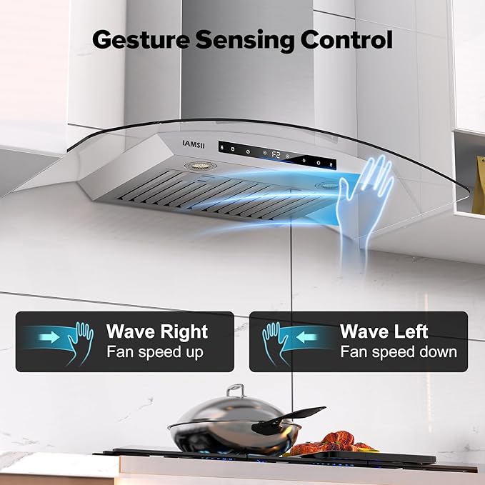 36 inch Wall Mount Range Hood 900 CFM Ducted/Ductless Convertible, Kitchen Chimney Vent Stainless Steel with Gesture Sensing & Touch Control Switch Panel, 2 Pcs Adjustable Lights