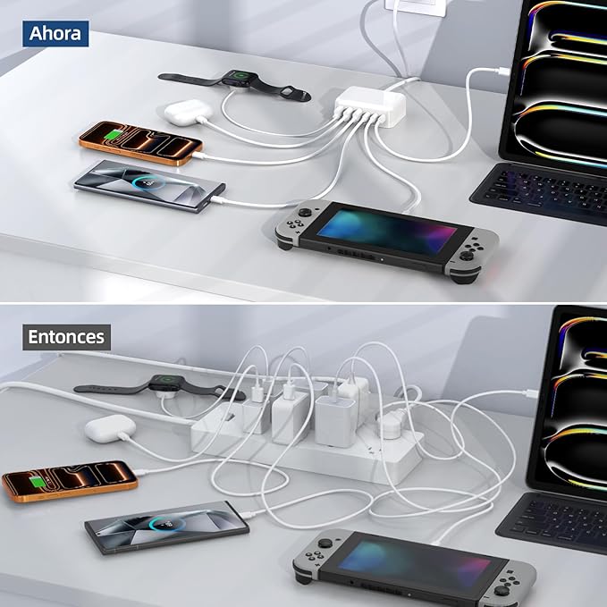USB C Charger Block, 100W GaN 6 Port PD USB C QC USB A Wall Charger Adapter Plug Cube, Super Fast Type C Charging Station Hub for iPhone 17 16 15 14 13 Pro Max iPad Samsung Pixel 5ft Extension Cord