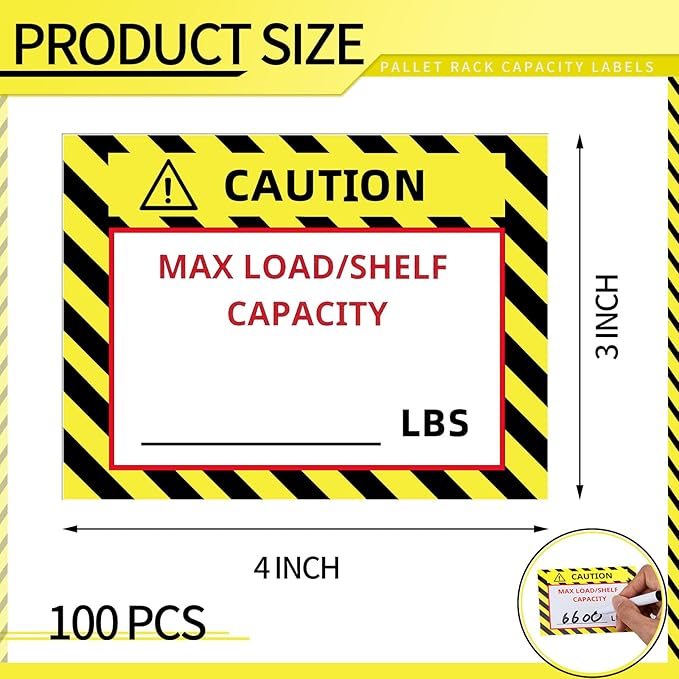 Zhanmai 100 Pcs Pallet Rack Capacity Labels 3 x 4 Inches Pallet Racking Caution Max Load Shelf LBS Warning Stickers Bright PVC Industrial Strength Sticker Warehouse Safety Forklift Cross Beam Safety