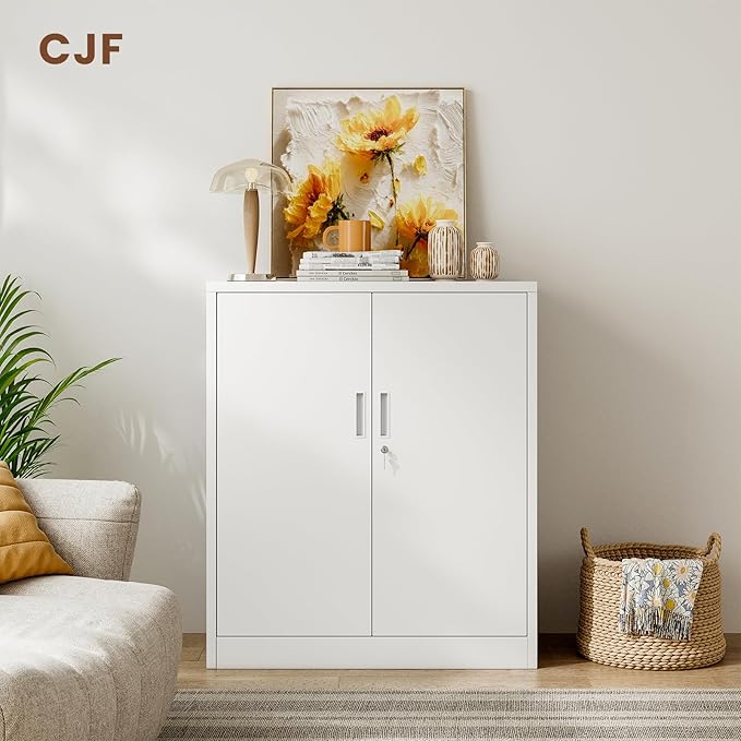 CJF Metal Storage Cabinet, 36" H Locking Storage Cabinet with Shelves and Doors for Home Office, Garage, Utility Room, Entryway(White)