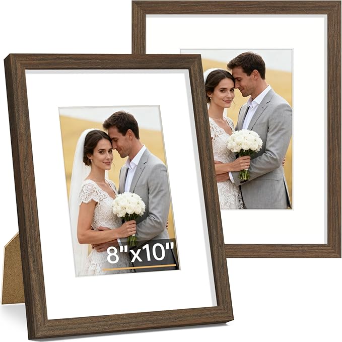 Vittanly 8x10 Picture Frame Set of 2, Solid Wood Frame for Wall or Tabletop, Display Photo 5x7 with Mat or 8x10 without Mat, Brown