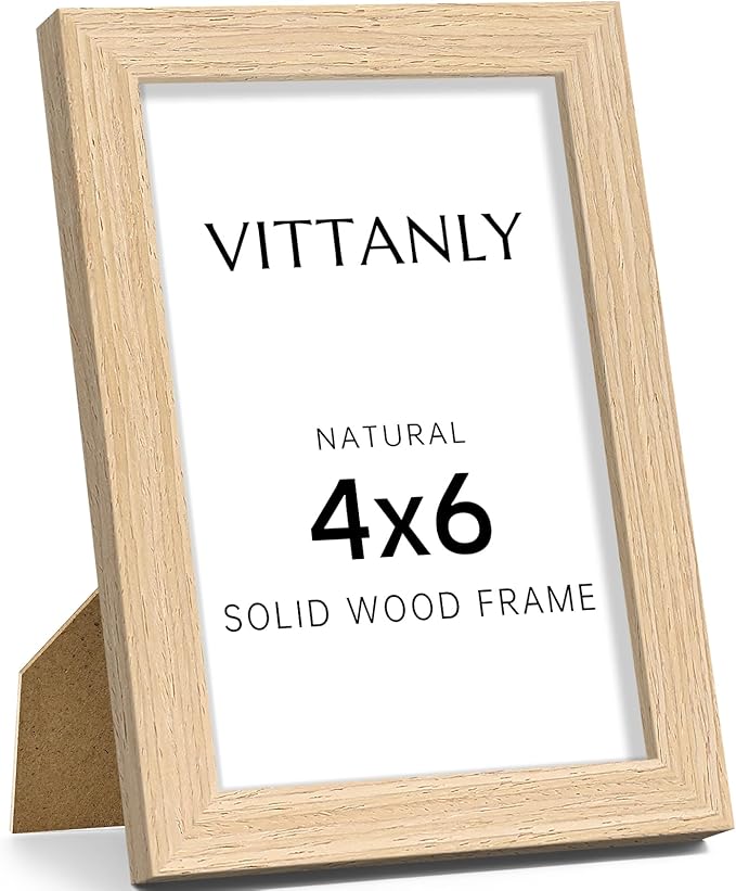 Vittanly 4x6 Picture Frame, Solid Wood Frame with Plexiglass, Includes 3.5x5 Mat, Wall Hanging or Tabletop for Photos, Home Decor, Natural, 1 Pack