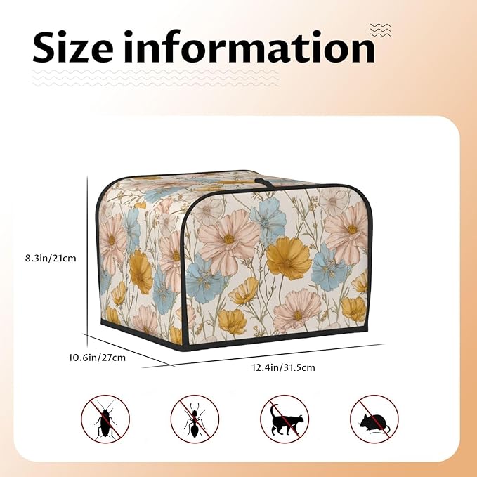 4 Slice Toaster Cover for Kitchen Vintage Flower Botanical Waterproof and Dustproof Toaster Dust Cover with Side Pockets Decorative Universal Cover for Wide Slot Toasters and Small Appliances