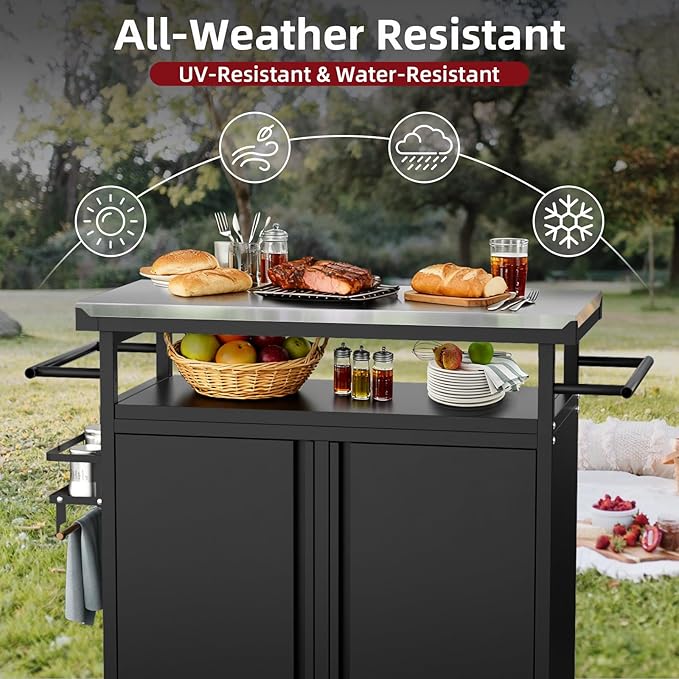 Outdoor Grill Cart Bar Cart with Storage Cabinet for Grilling Accessories, XL Portable Outdoor Grill Table with Stainless Steel Top for Kitchen Prep, Lawn & Garden（Black）