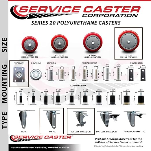 Service Caster Brand Replacement Caster for Uline Caster H-7449SWB-Stainless Steel Swivel Top Plate Caster with 5 Inch Red Polyurethane Wheel and Top Lock Brake- Fits Carts and Platform Trucks H-6348